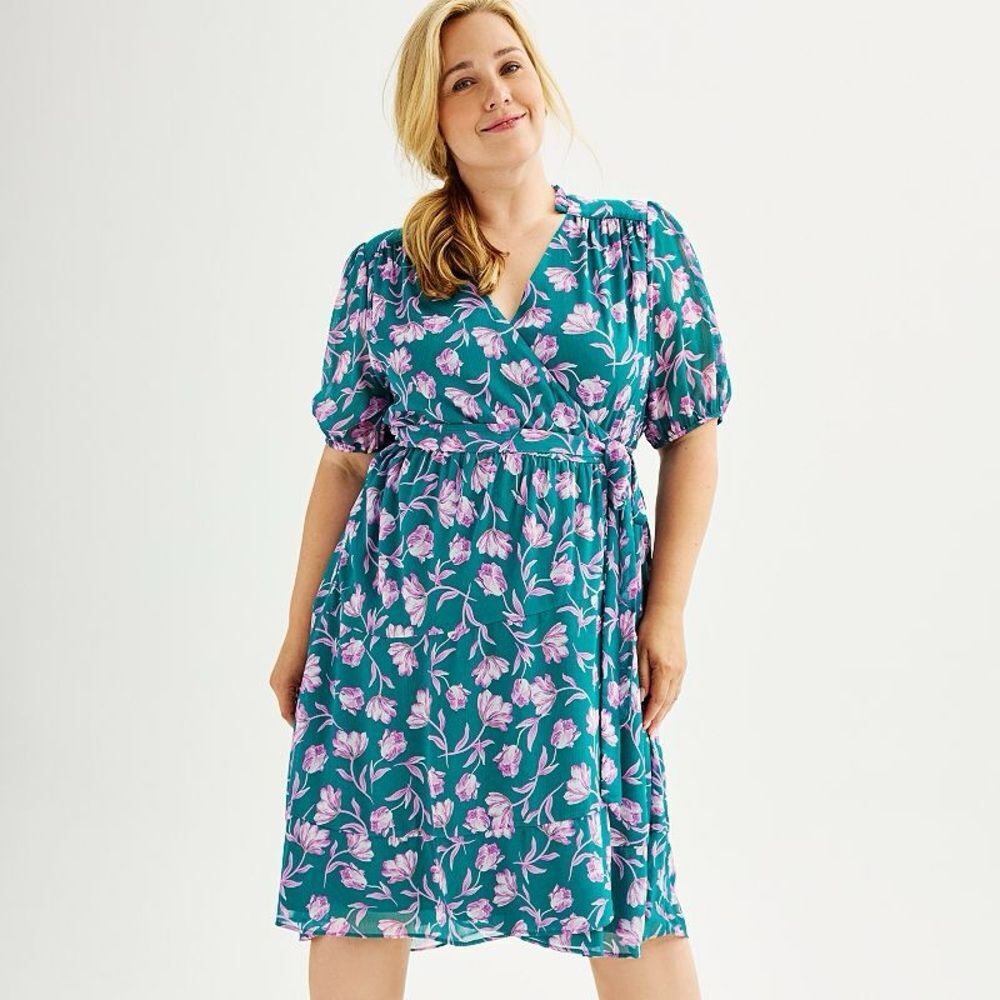 Draper James Teal and Lavender Floral Midi Miranda Wrap Around Dress XL Preppy